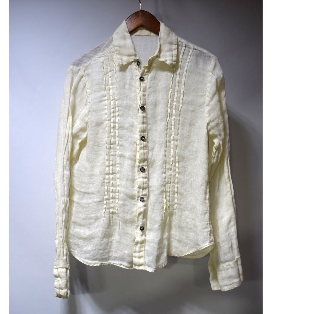 CP Shades Women's Ivory 100% Linen Button Front Shirt Pintuck Long Sleeve Top S